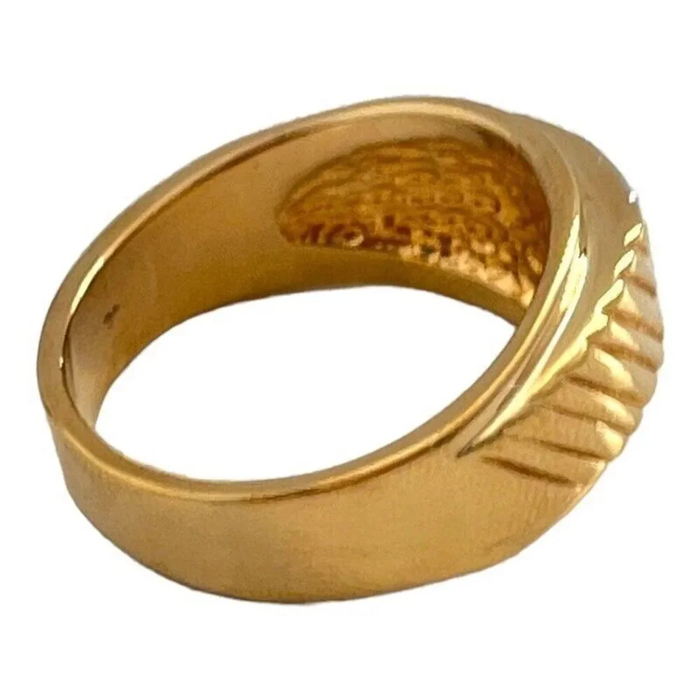 Vintage 1970s Ring Size 11 Cubic Zirconia Solitaire Textured Gold Plated - 14O